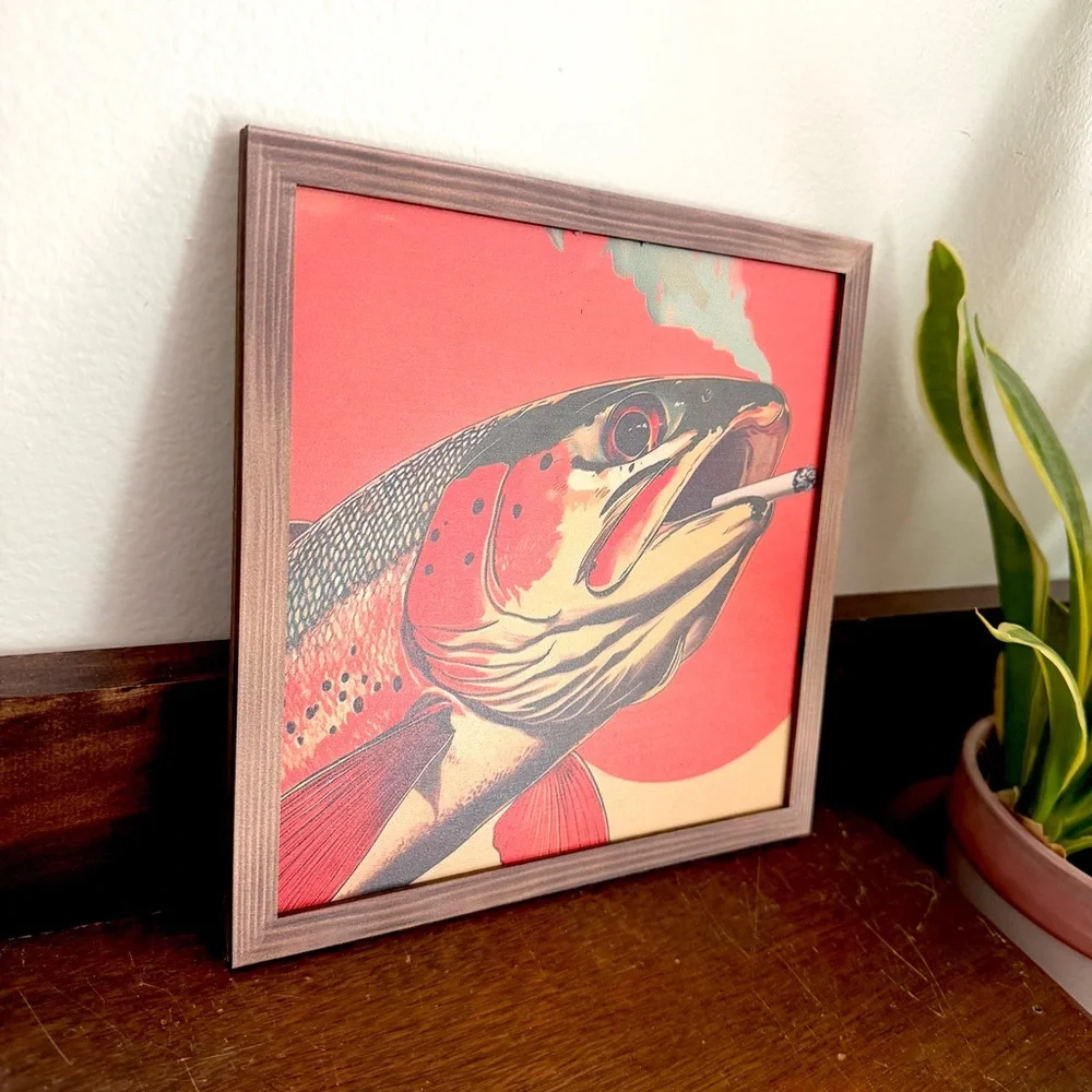 Trout Fish Smoking a Cigarette Vintage Style Wood Plaque Wall Hanging Art 8”